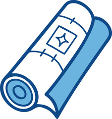 Rolled blueprint with star symbol and grid lines paper scroll