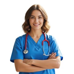 Smiling female healthcare worker in blue scrubs with stethoscope