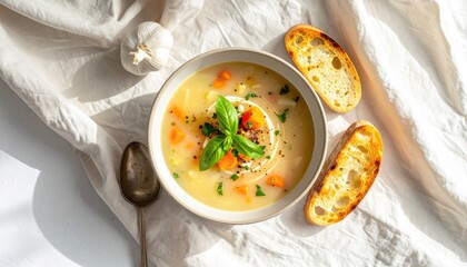 Hearty Chicken Noodle Soup Served in a White Bowl with Toasted Bread and Garlic on a Textured White Cloth Lit by Natural Daylight