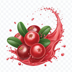 realistic cranberry  fruits with red liquid juice splash in different style isolated on transparent background
