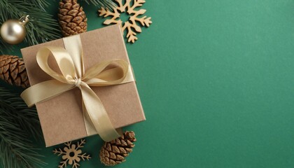 Gift box with golden ribbon on green background, holiday gift  Christmas and New Year