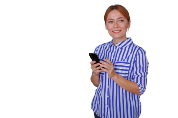 Woman standing and smiling, holding a phone, text messaging or browsing. Modern communication, transparent background