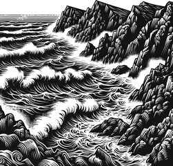 A dramatic black and white engraving depicts powerful waves crashing against a rugged, rocky coastline, showcasing the raw energy of the ocean.