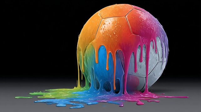 A soccer ball covered in rainbow paint. The ball is dripping with paint, creating a colorful and vibrant effect. Concept of fun and creativity