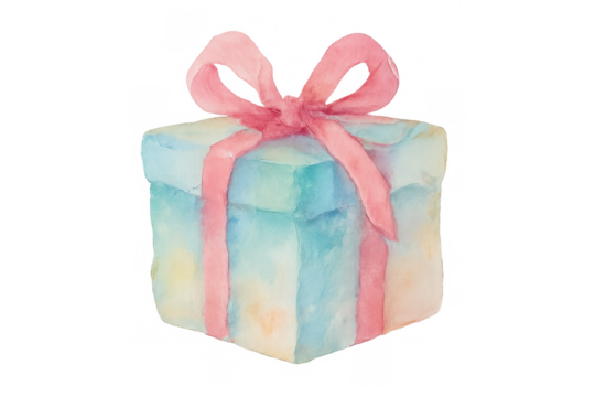 Watercolor gift box showing a festive pink ribbon, perfect for celebrating happy occasions, anniversaries, and surprises - Powered by Adobe