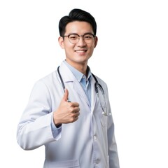 Smiling asian doctor with stethoscope gives thumbs up for good health