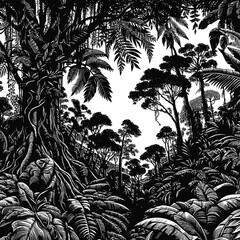 A dense black and white illustration of a jungle canopy. Lush foliage and silhouetted trees create a dramatic contrast, evoking a sense of mystery and untamed wilderness.