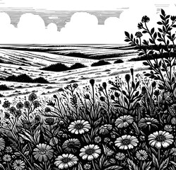 Detailed Black And White Sketch Of A Wildflower Meadow With Distant Hills Under A Cloudy Sky