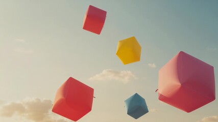 Rising helium-filled cube balloons drifting apart across afternoon sky, forming vivid display - Powered by Adobe