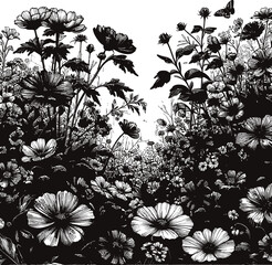 Detailed Silhouette Garden Scene With Abundant Flowers and Foliage Under Bright Sky