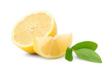Pieces of ripe lemons and leaves isolated on white