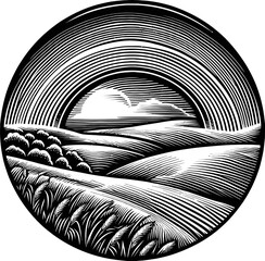 Engraved Circular Landscape With Rolling Hills And Sunrise Over Grain Field