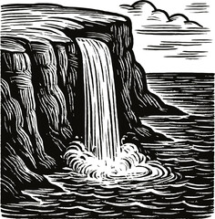 A dramatic waterfall tumbles over a rugged cliff face into the churning sea below. This woodcut-style illustration captures the raw power and motion of nature with bold lines and high contrast.