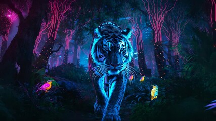 Emerging Bengal tiger stepping in enchanted forest after neon vine pulsing, with glowing birds - Powered by Adobe
