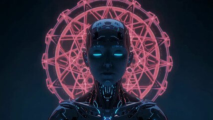 Faint cyan pulses activating androgynous android in void, with spinning neon pink mandala - Powered by Adobe