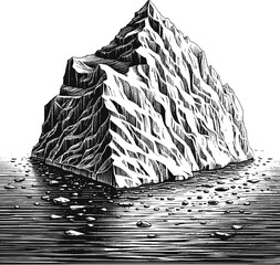 A stark black and white illustration depicts a dramatically jagged iceberg rising from dark, rippling water. The detailed linework emphasizes the icy textures and the surrounding aquatic environment.