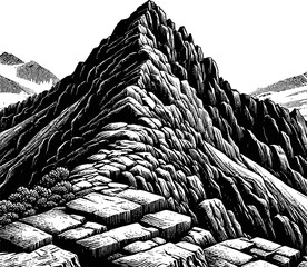 Jagged Mountain Summit With Stone Path Leading Upwards Under Bright Sky