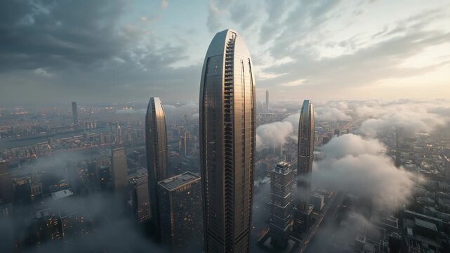 Pulling back drone platform orbiting central oval skyscraper over misty city, revealing river