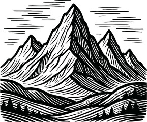 Majestic Mountain Range With Dramatic Peaks Under A Textured Sky In A Woodcut Style