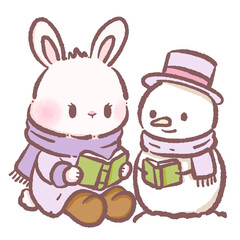 Cute Bunny and Snowman Reading Books Together Kawaii Winter Friends Illustration Cozy Scarf Adorable Animal Characters for Holiday Cards Stickers Kids Decor and Crafts