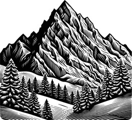 Majestic Mountain Range With Pine Forest Landscape Black And White Illustration