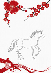 紅梅と流水文様の馬イラスト・干支午年の賀正素材