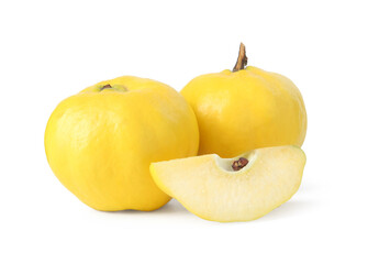 Whole and cut ripe quince fruits isolated on white