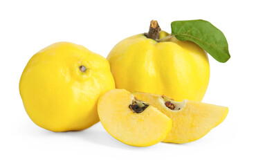 Whole and cut ripe quince fruits isolated on white