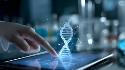 Close up of human hand touching tablet with DNA molecule structure on screen. DNA helix on tablet screen, biotechnology and biochemistry concept.
