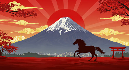 富士山と馬のシルエット・初日の出の年賀イラスト