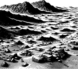 Stylized Mountain Range and Rocky Terrain in Black and White