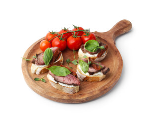 Bruschettas with roast beef, cream cheese, basil and tomatoes isolated on white