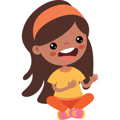 Smiling Young Girl With Dark Hair Wearing Orange Headband Yellow TShirt and Orange Pants Sitting Cross Legged With Pink Shoes Transparent Background