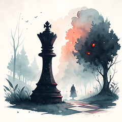 Mysterious Chess King Amidst Foggy Forest, Abstract Watercolor Art, Enigmatic Atmosphere, Surreal Landscape