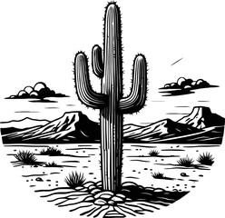 A stylized black and white illustration of a tall cactus dominating a desert scene. Mountains and clouds form the background under a clear sky.