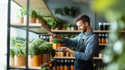 Smiling man in apron tending fresh green herbs on shop shelf, showcasing diligent care for organic products and healthy lifestyle choice.