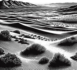 Vast Arid Desert Landscape with Rolling Dunes and Sparse Vegetation Under a Clear Sky