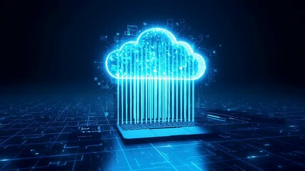 Glowing blue cloud icon with cascading digital data streams above open laptop on circuit floor - Powered by Adobe