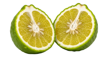 Two halves of a bergamot orange showing the juicy pulp and seeds isolated on transparent background