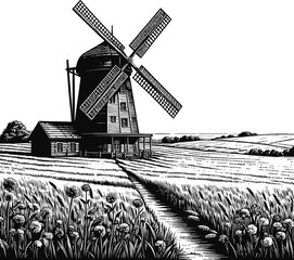 A black and white illustration depicts a vintage windmill situated in a rural countryside field. A clear sky stretches above the scene, with a path leading towards the windmill through the crops.