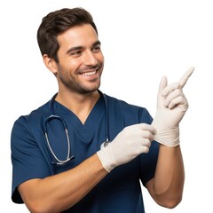 Smiling male doctor in scrubs adjusting medical gloves, pointing