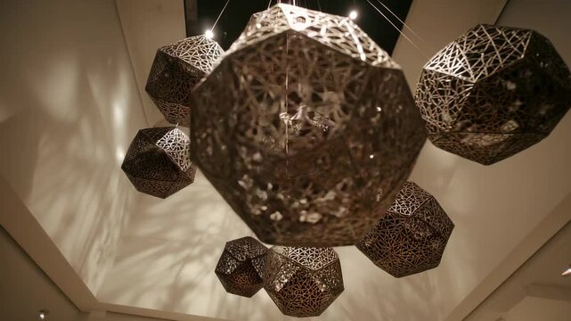 Camera tilting upward revealing bronze openwork polyhedrons in gallery, with wires casting shadows