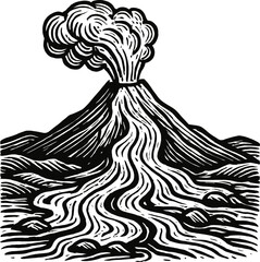 A black and white woodcut-style illustration of a volcano erupting. Smoke billows from the summit as molten lava flows down its slopes, carving a path through the rugged terrain.