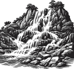 Waterfall Cascading Down Rocky Terrain Surrounded by Lush Trees Black and White Illustration