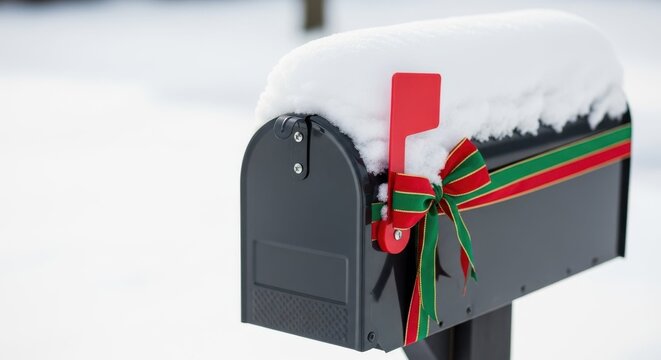 Winter mailbox covered in snow with red flag up, decorated with festive bow. Mailbox stands against snowy ground, its metal texture stark against the soft winter wonderland.