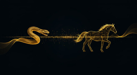 金の蛇と馬のデジタルアート・近未来的干支デザイン