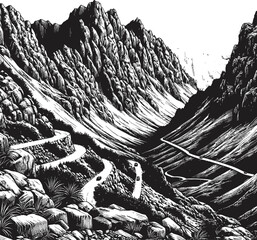 A black and white illustration depicts a winding road carving through a rugged mountain valley. The dramatic landscape features steep peaks and textured terrain, creating a sense of remote adventure.