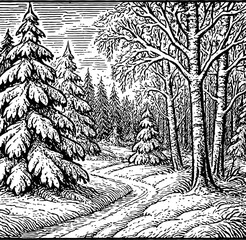 Winter Forest Path Lined With Snow Covered Pine Trees And Birch Trees Under Overcast Sky