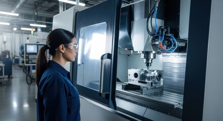 Woman engineer monitoring cnc machine. Industrial automation process with precision manufacturing. Modern factory production.