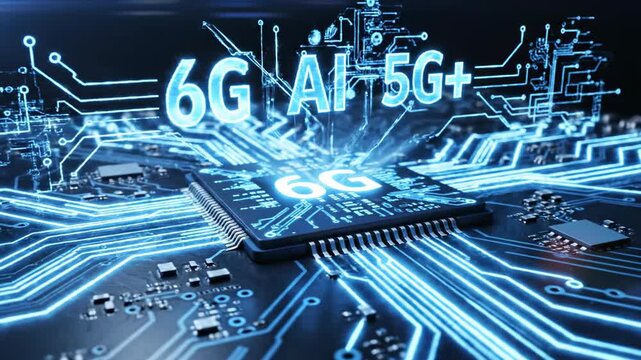 Futuristic illustration of a circuit board highlighting 6G, AI, and 5G+ technologies - Powered by Adobe